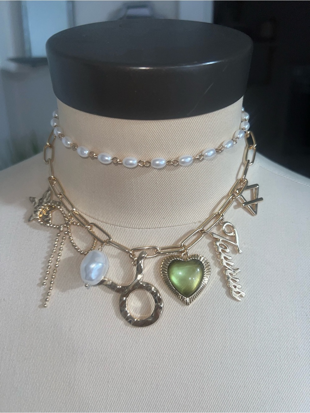 Gold Charm Link Necklace w/Green Heart& Pearl Accent-Jewelry by Free People